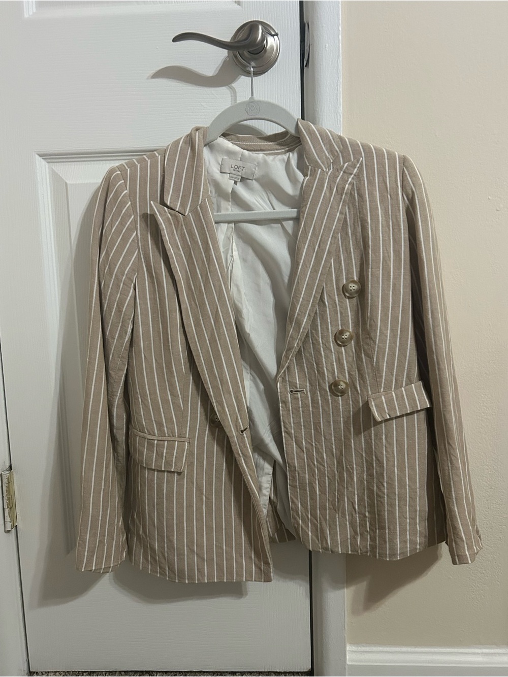 LOFT Beige and White Pinstripe Double-Breasted Blazer